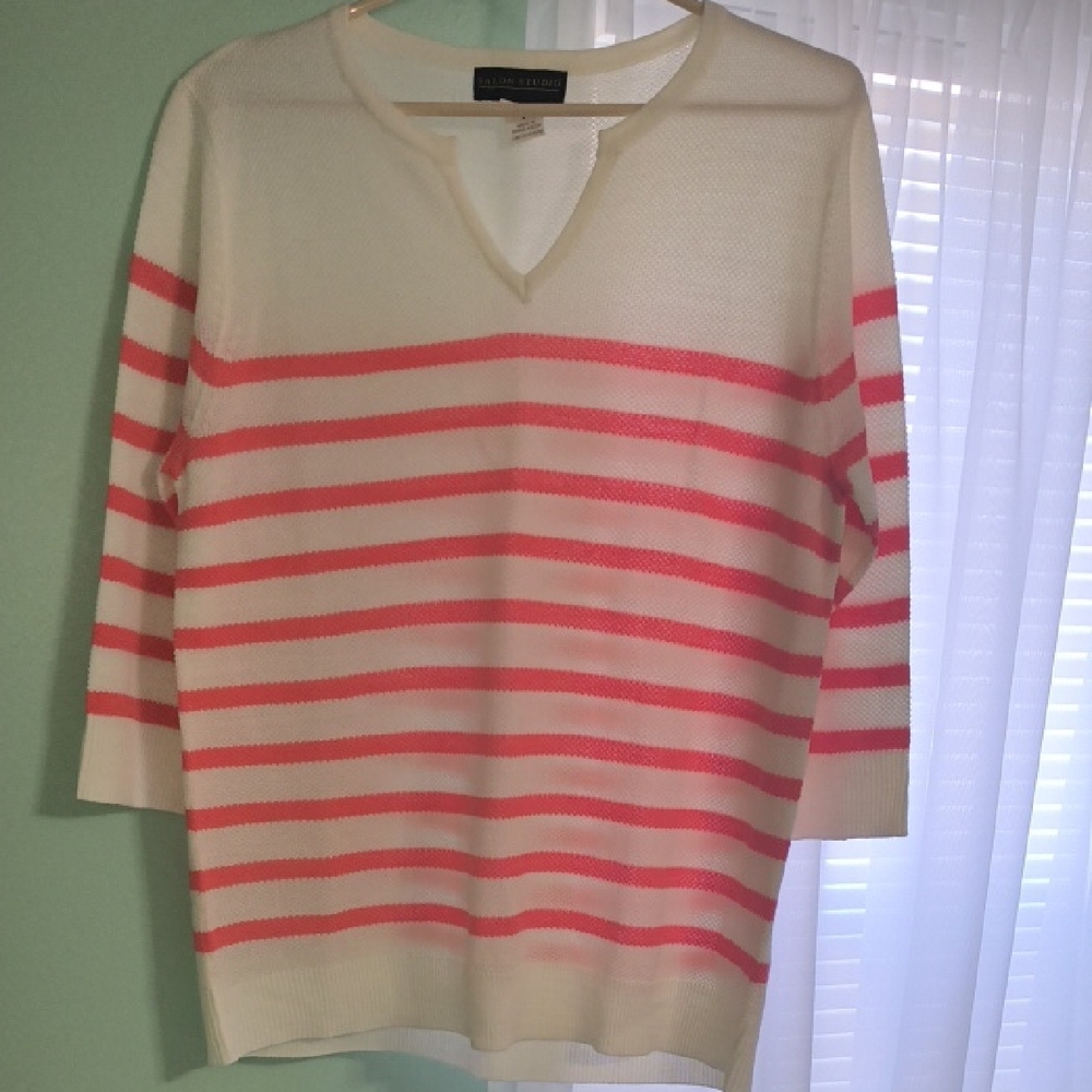 Stylish V-Neck Sweater with Cream and Coral Stripes